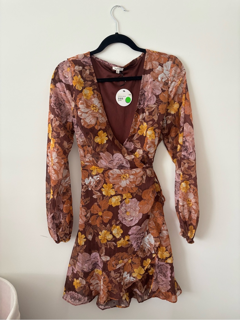 En Creme Brown Floral Long Sleeve Wrap Mini Dress with Mustard Accents